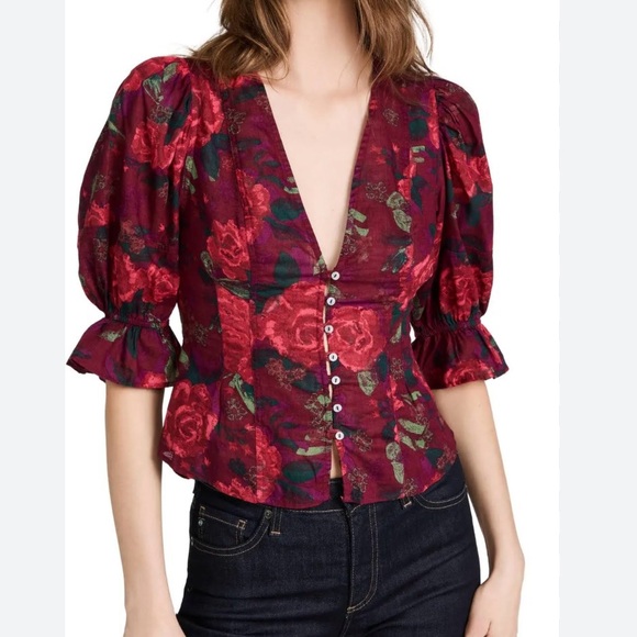 Free People I Found You Puff Sleeve Top Size Medium Dark Academia Moody Floral - Picture 4 of 13
